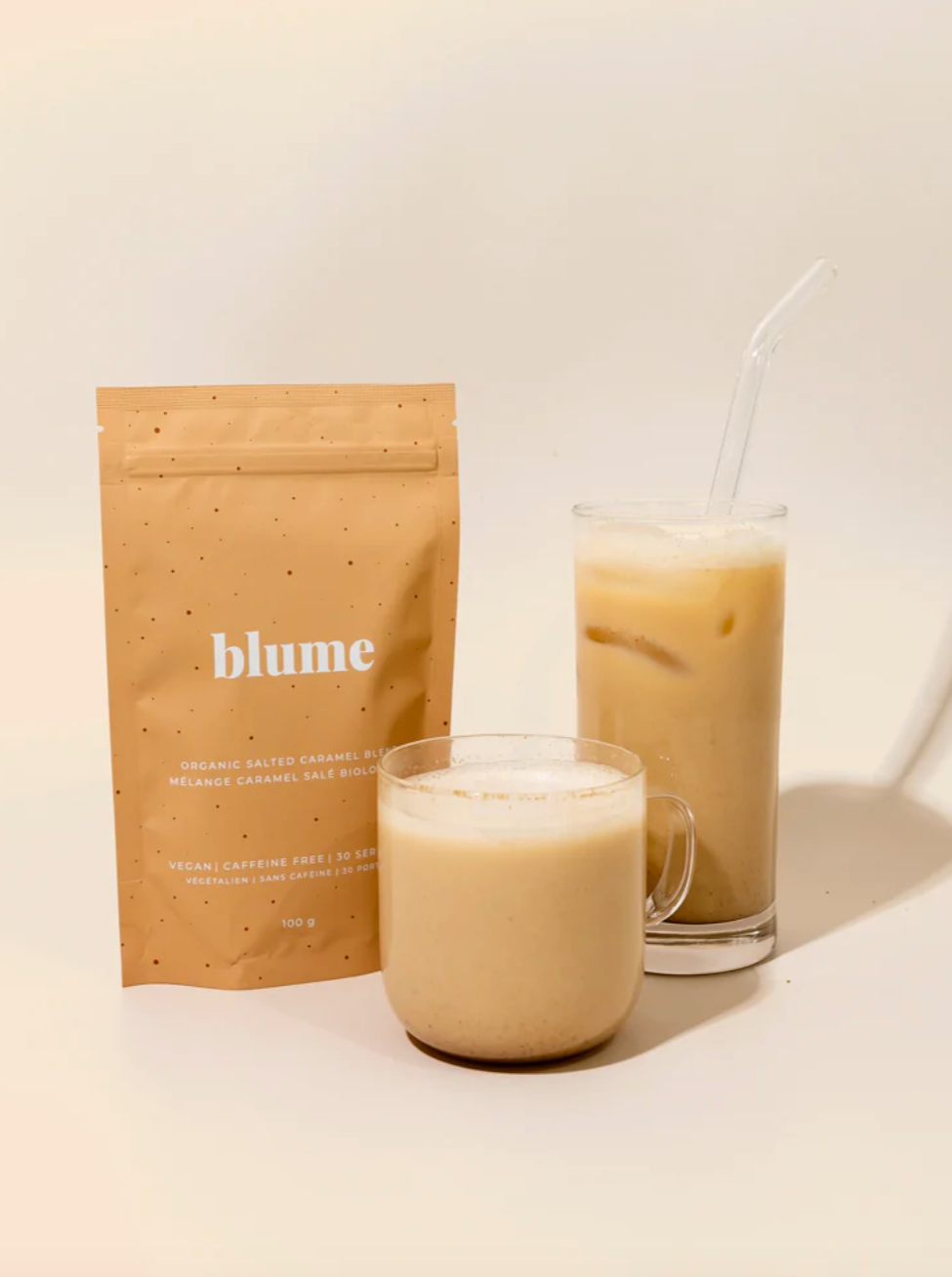 Blume Superfood Latte Powder - Salted Caramel in a latte 