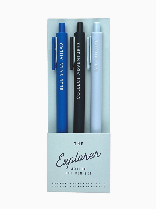 Set of 3 Pens - Phases "Collect Adventures", "Go Outside", "Blue Skies Ahead" - Pen Colors: Black Pen (Black Ink), Powder Blue Pen (Light Blue Ink), Bright Blue Pen (Blue Ink)